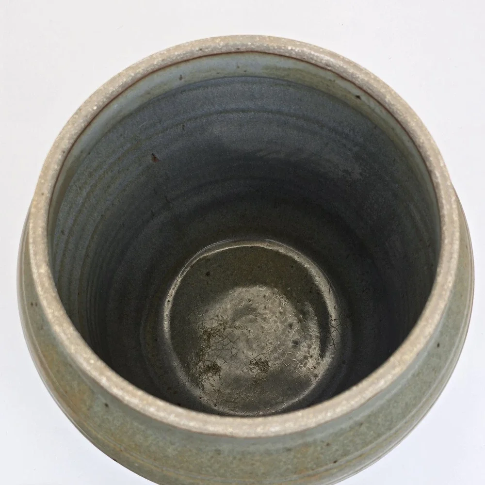 Vintage Studio Pottery Stoneware Canister Jar With Lid Green Brown Speckled 8.5